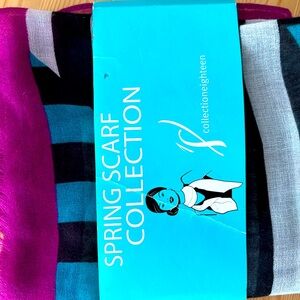 Multicolored Spring Scarf with Turquoise, black, white and magenta stripes.